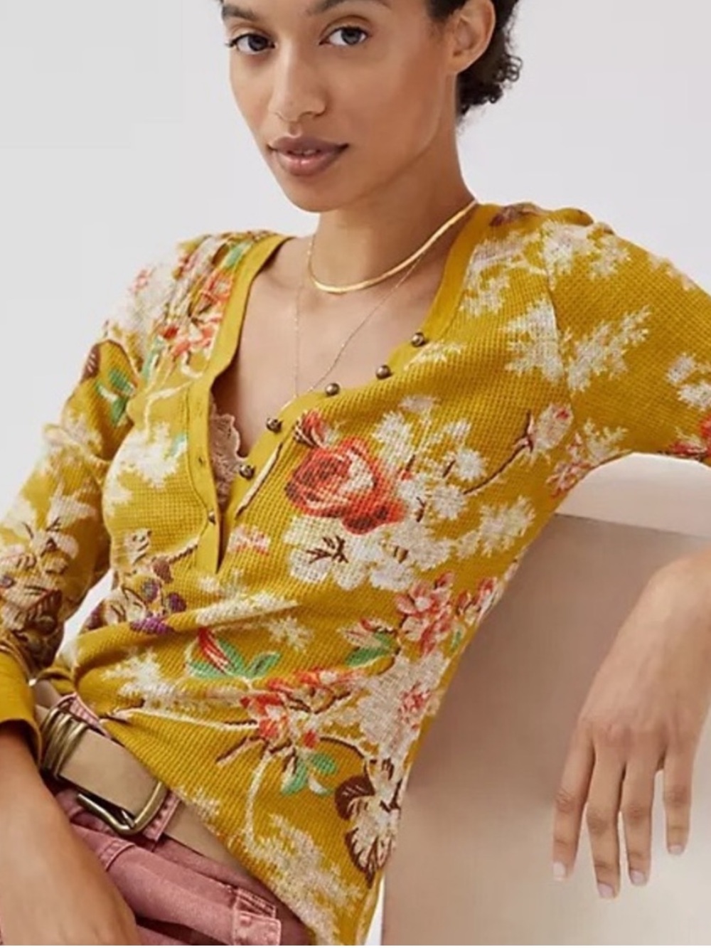 Anthropologie Pilcro Waffle Henley Long Sleeve Floral Top in Size 1X